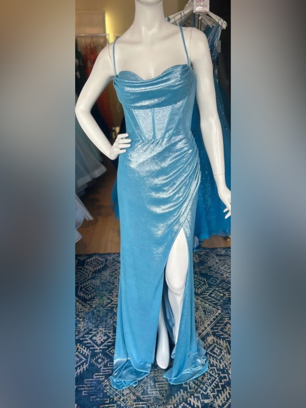 Alyce Paris Shimmery Blue Radiance Evening Dress with Thigh Slit